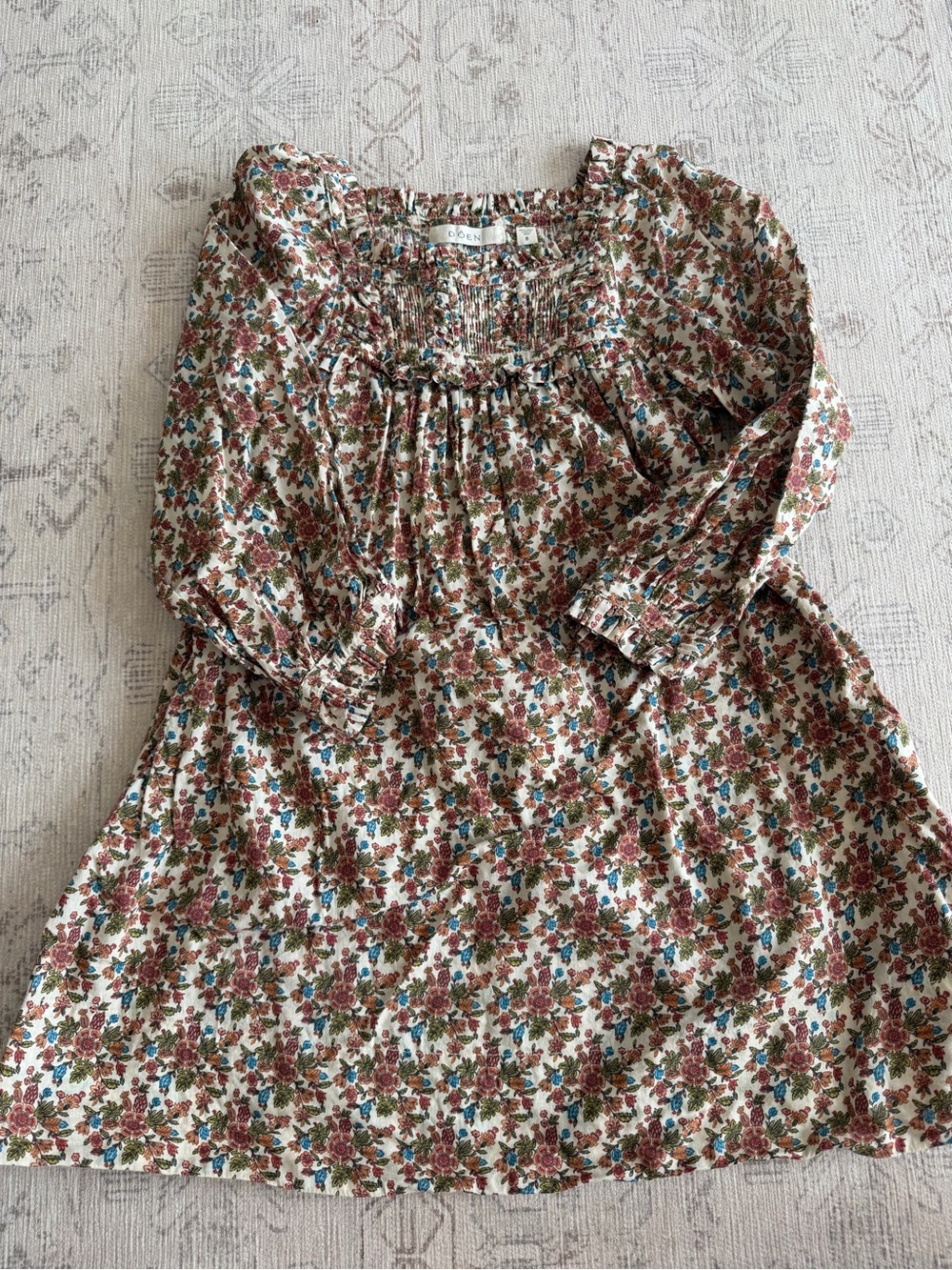 Doen Girls Floral Long-Sleeve Dress - Cream with Pink & Blue Accents